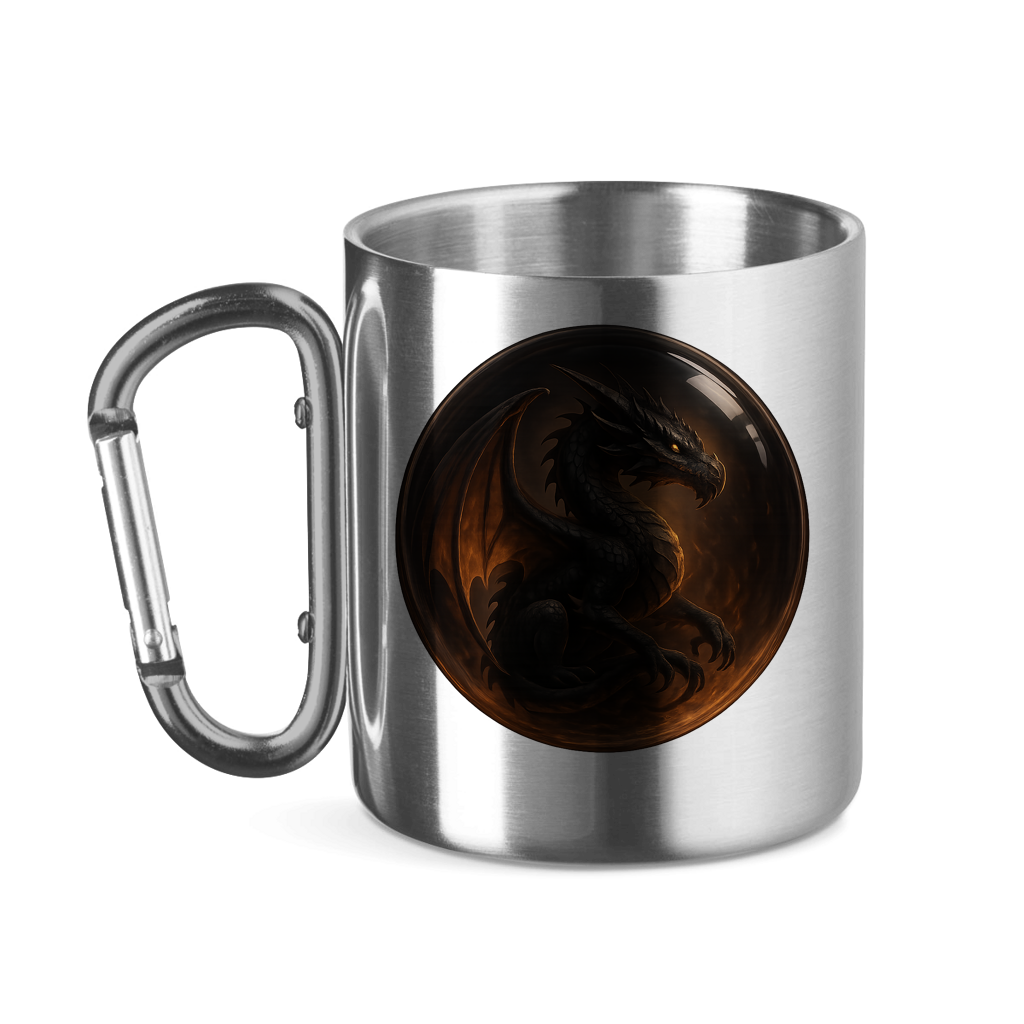 Edelstahltasse mit Karabinergriff Drache schwarz in einer Blase