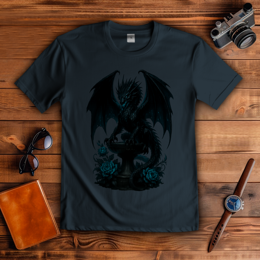 Herren T-Shirt Drache schwarz böse auf Podest türkis gehalten