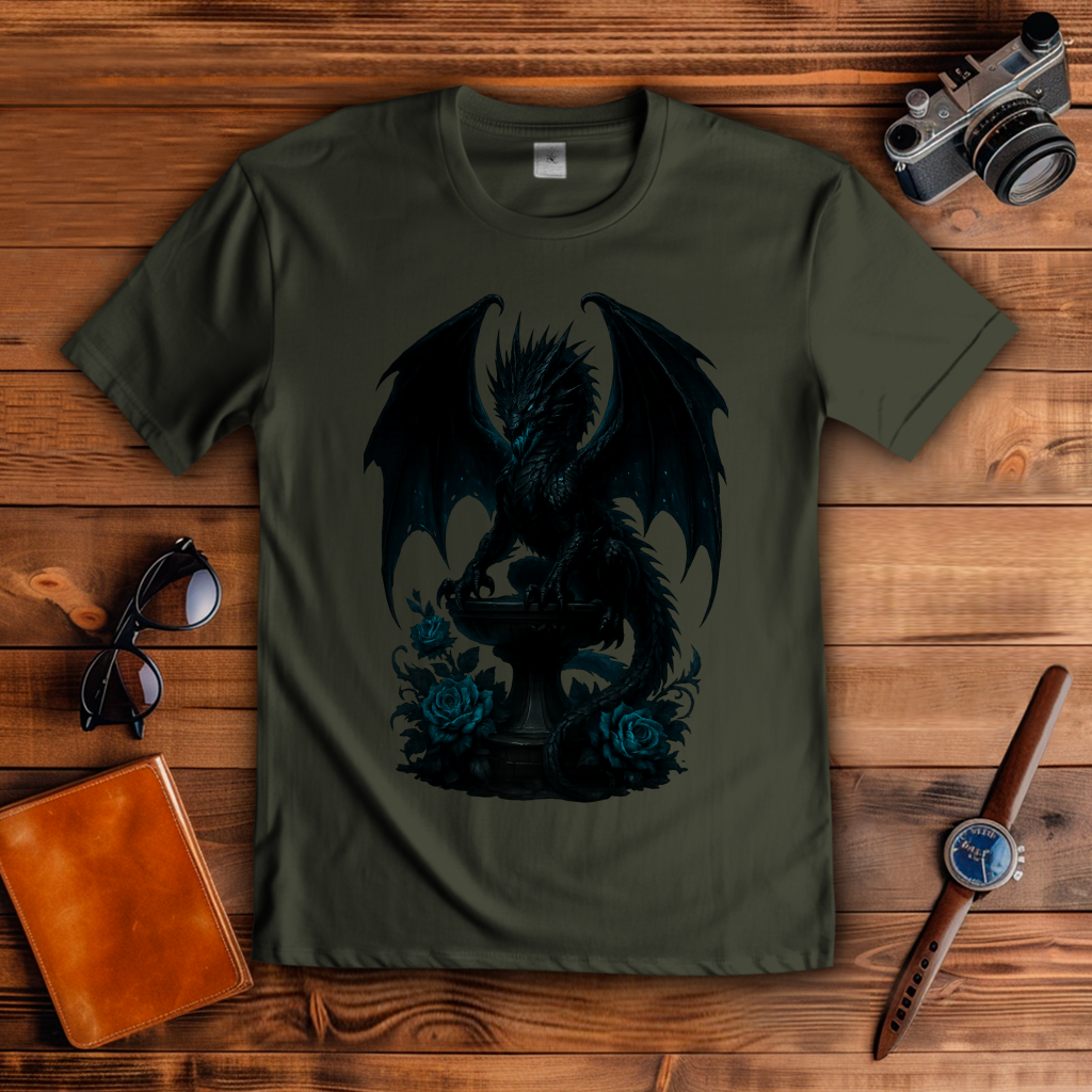 Herren T-Shirt Drache schwarz böse auf Podest türkis gehalten