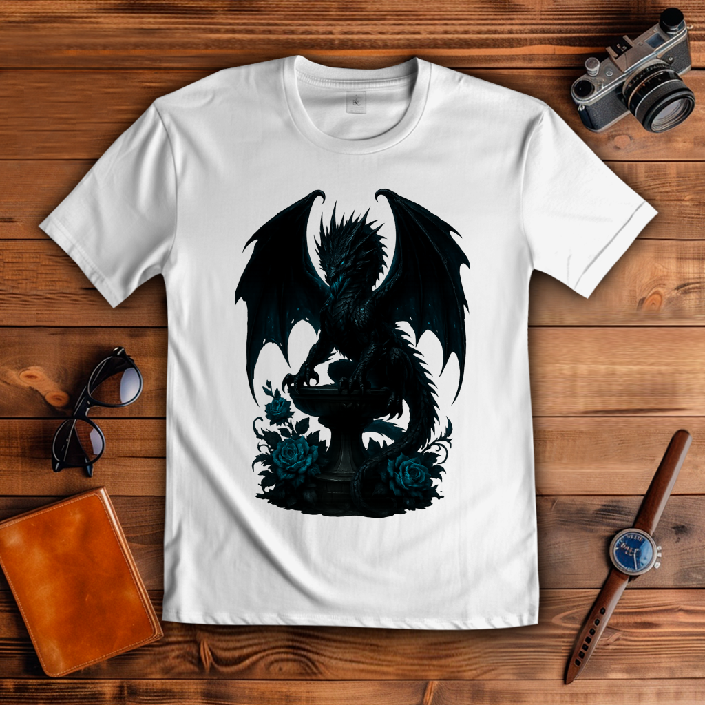 Herren T-Shirt Drache schwarz böse auf Podest türkis gehalten