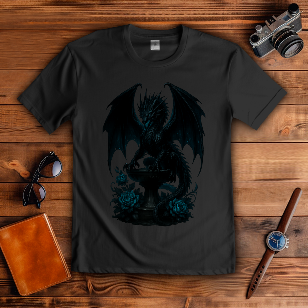 Herren T-Shirt Drache schwarz böse auf Podest türkis gehalten
