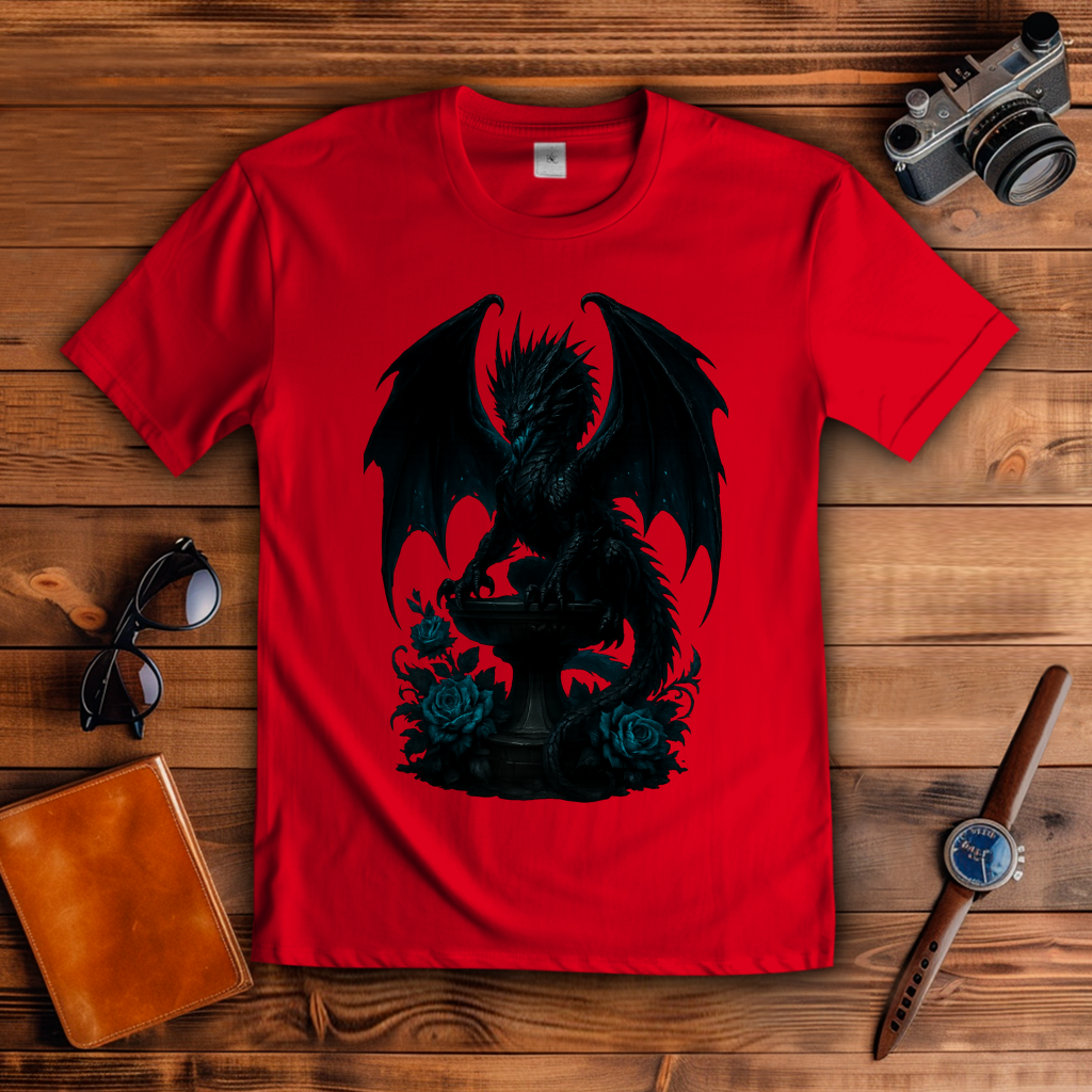 Herren T-Shirt Drache schwarz böse auf Podest türkis gehalten