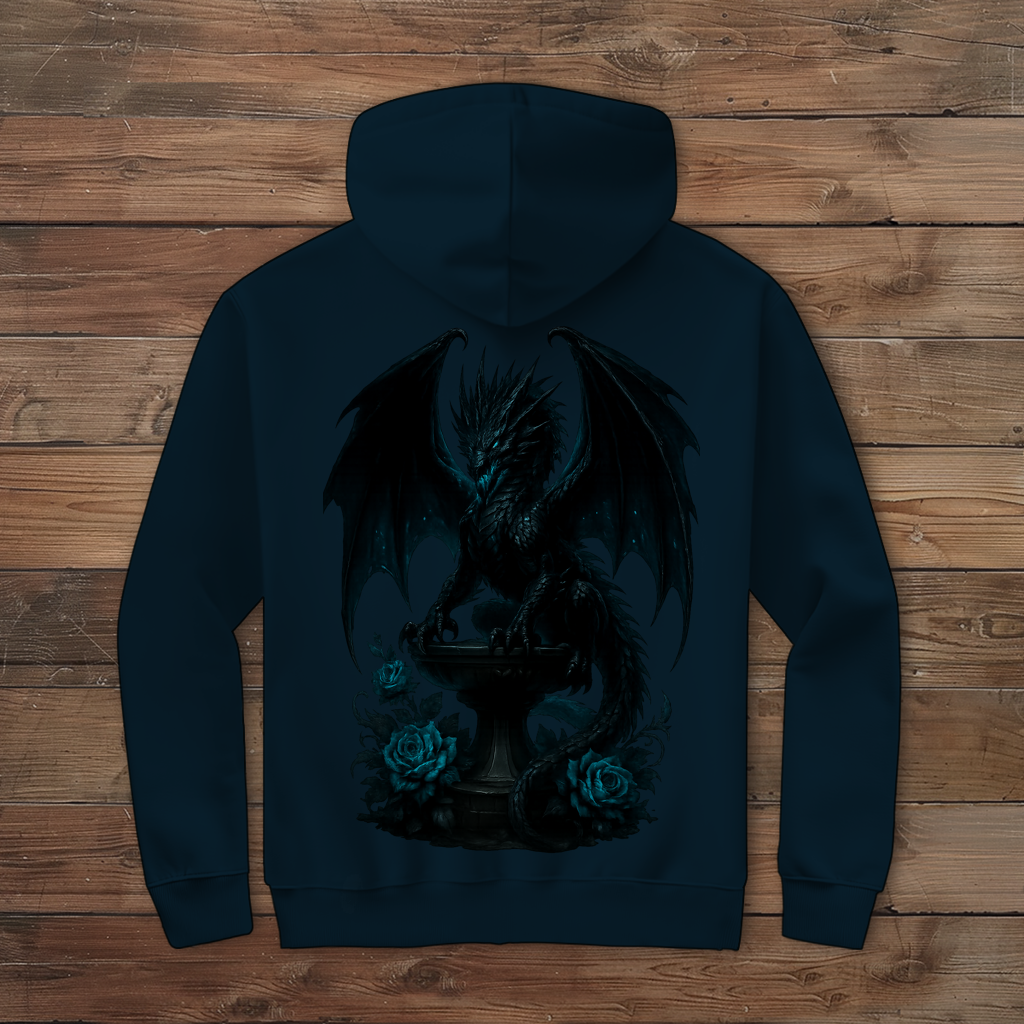 Herren Zipper Hoodie Drache schwarz böse auf Podest türkis gehalten