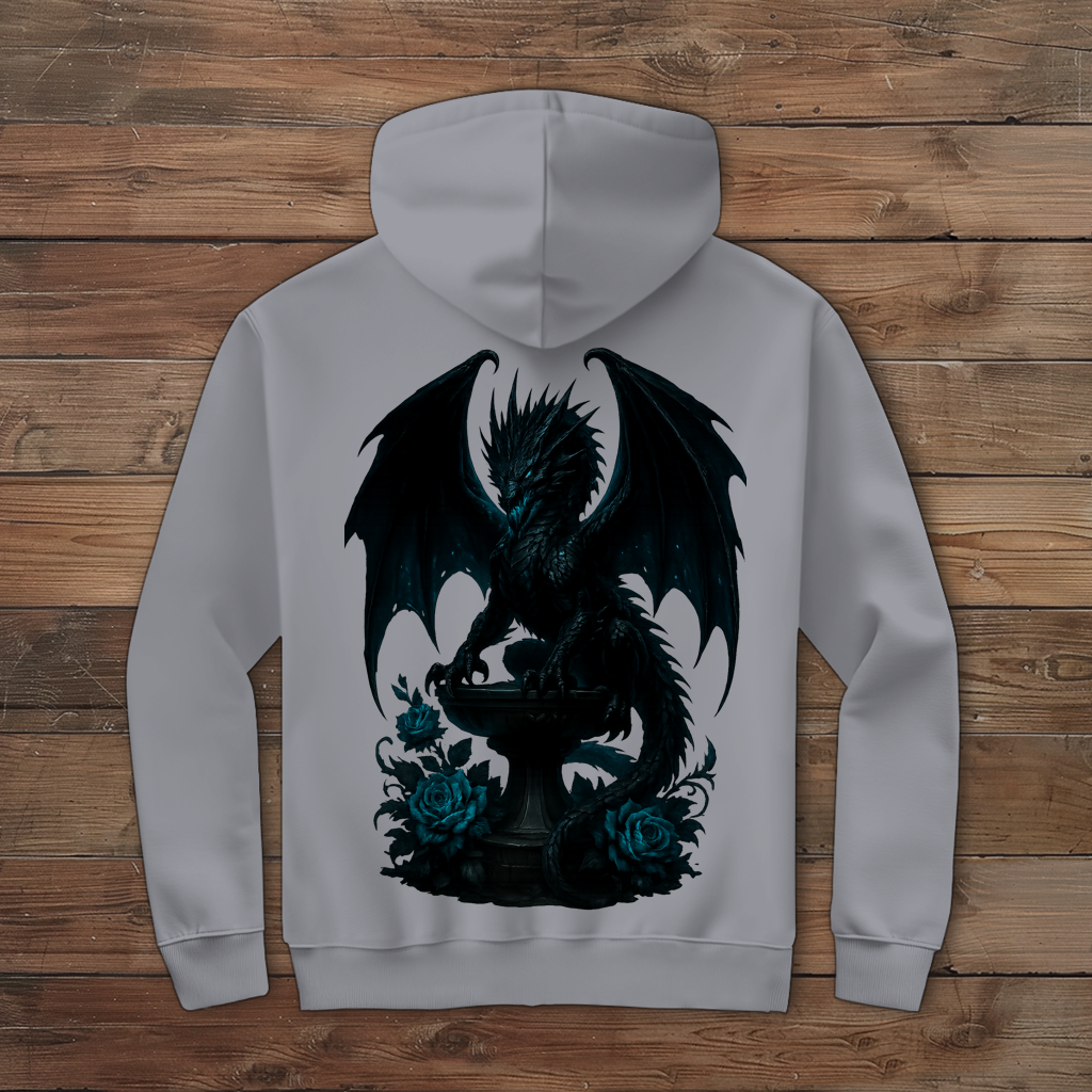 Herren Zipper Hoodie Drache schwarz böse auf Podest türkis gehalten