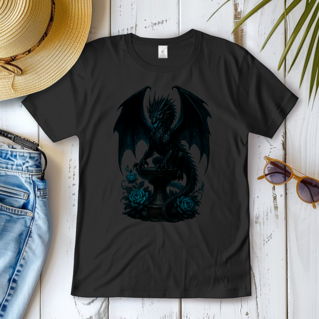 Damen T-Shirt Drache schwarz böse auf Podest türkis gehalten