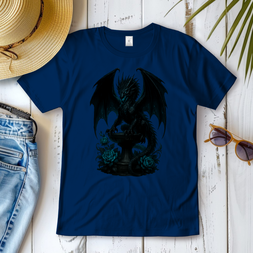 Damen T-Shirt Drache schwarz böse auf Podest türkis gehalten