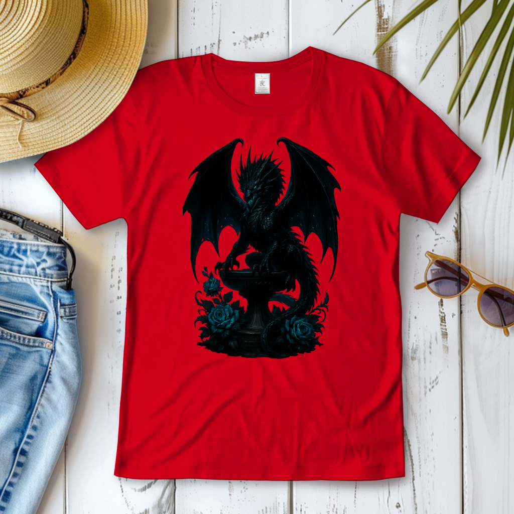 Damen T-Shirt Drache schwarz böse auf Podest türkis gehalten