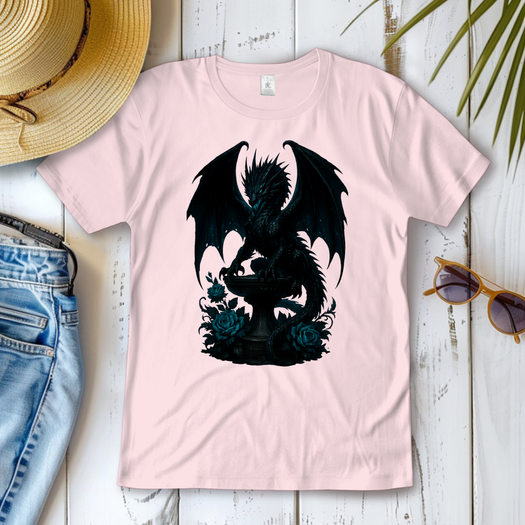 Damen T-Shirt Drache schwarz böse auf Podest türkis gehalten