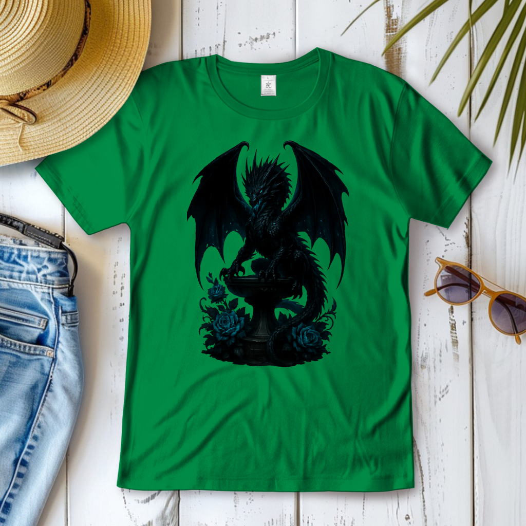 Damen T-Shirt Drache schwarz böse auf Podest türkis gehalten