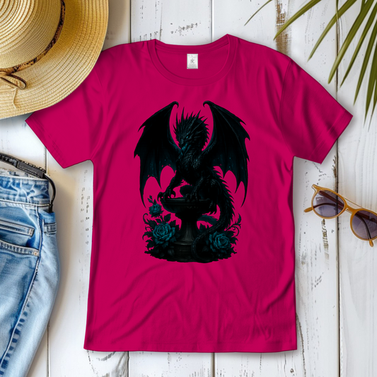 Damen T-Shirt Drache schwarz böse auf Podest türkis gehalten