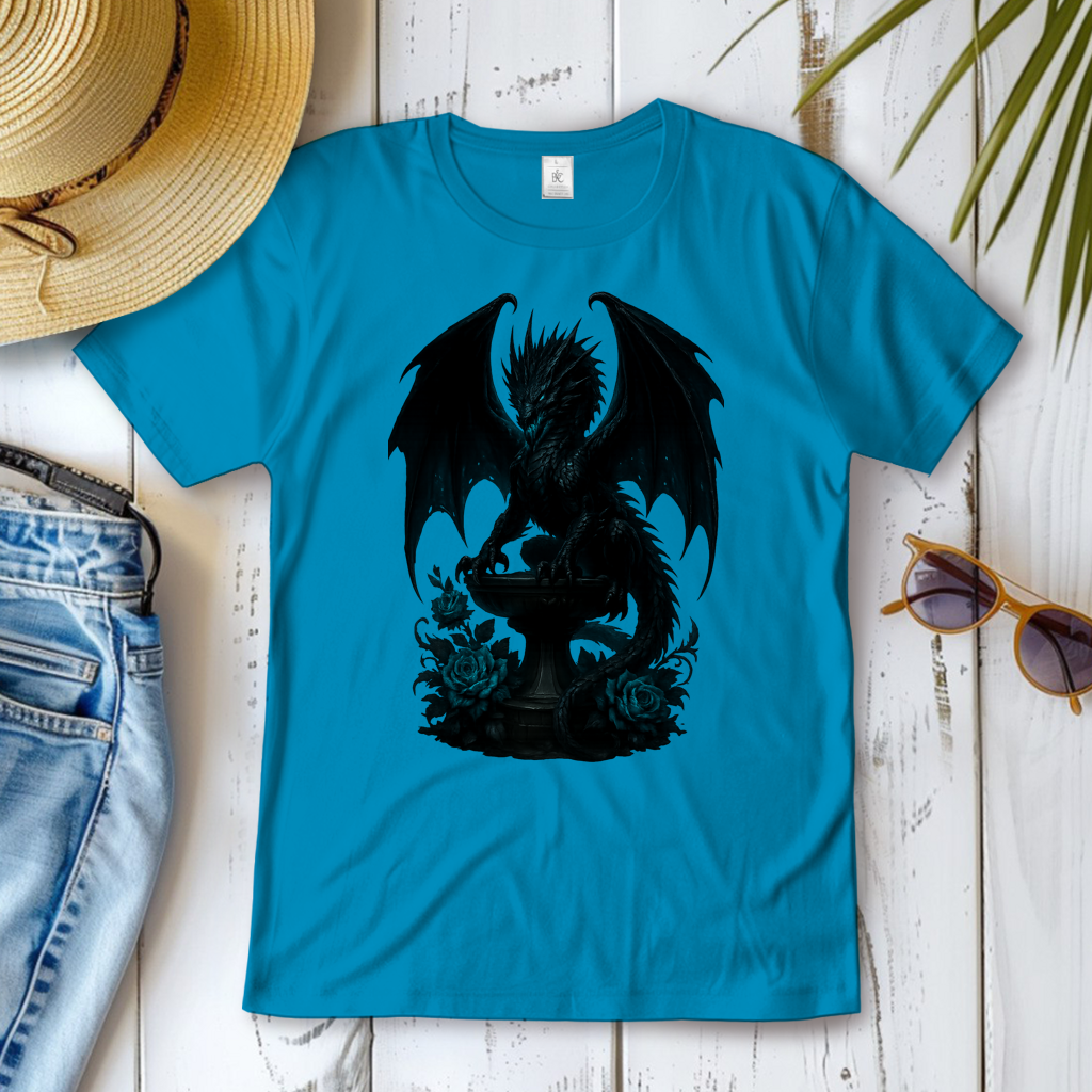Damen T-Shirt Drache schwarz böse auf Podest türkis gehalten