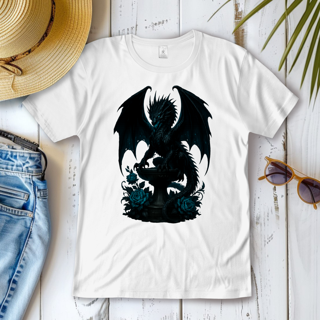 Damen T-Shirt Drache schwarz böse auf Podest türkis gehalten