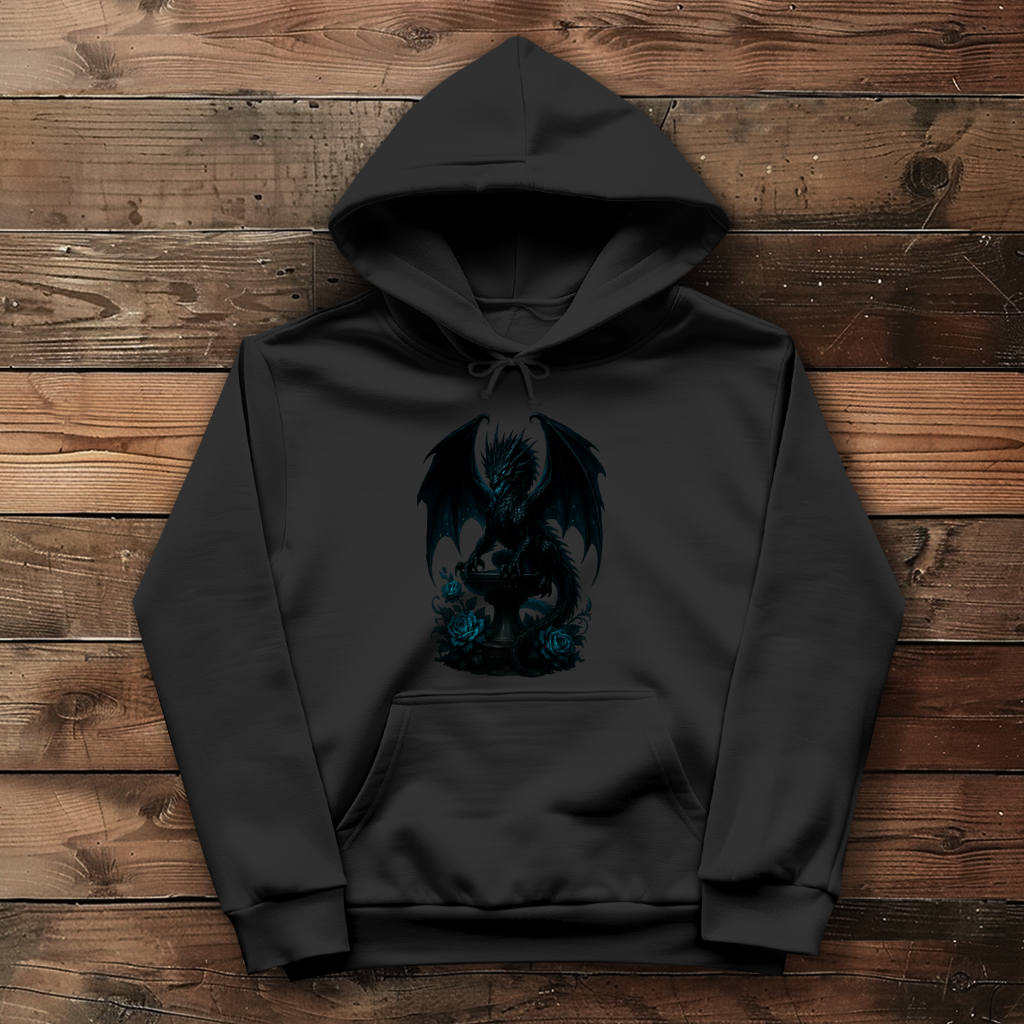 Damen Hoodie Drache schwarz böse auf Podest türkis gehalten