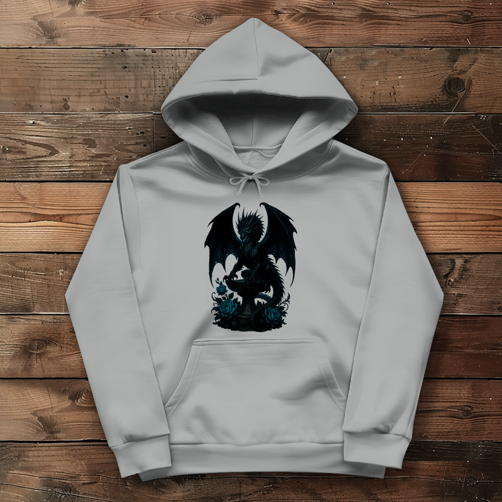 Damen Hoodie Drache schwarz böse auf Podest türkis gehalten