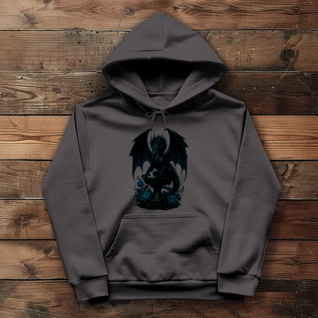 Damen Hoodie Drache schwarz böse auf Podest türkis gehalten