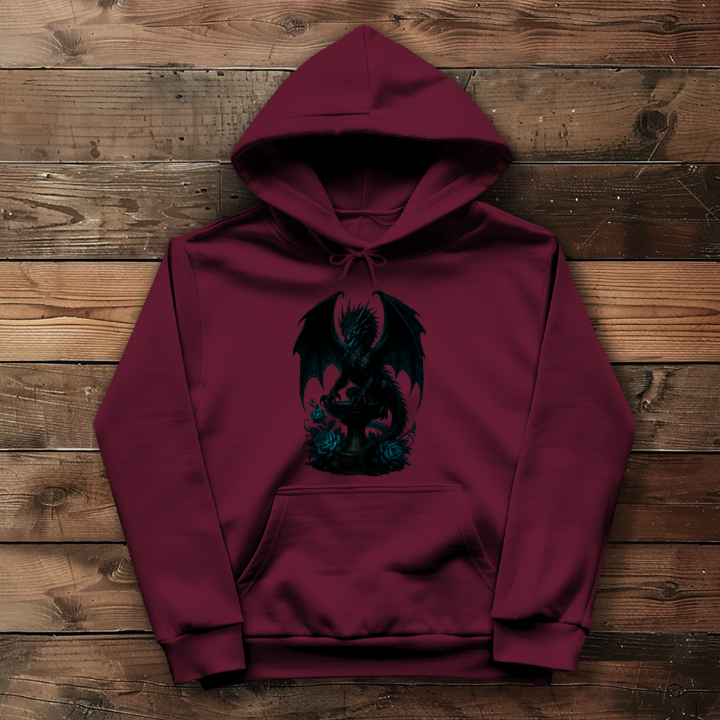 Damen Hoodie Drache schwarz böse auf Podest türkis gehalten