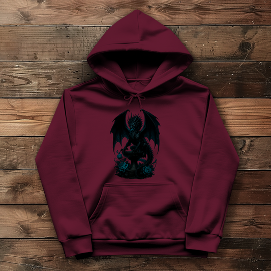 Damen Hoodie Drache schwarz böse auf Podest türkis gehalten