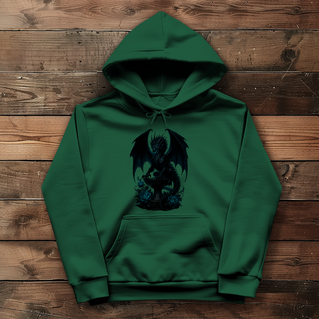 Damen Hoodie Drache schwarz böse auf Podest türkis gehalten