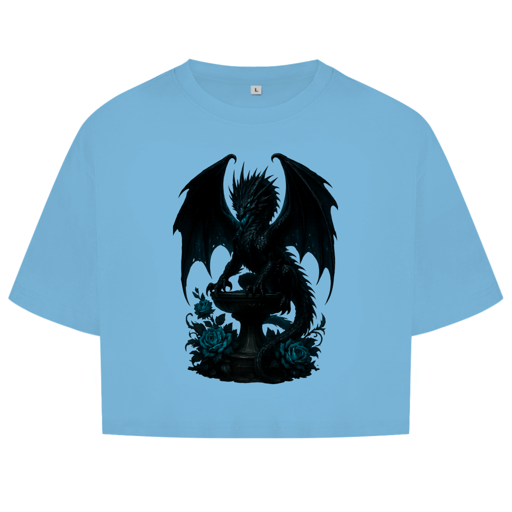 Damen Oversize Crop Top Drache schwarz böse auf Podest türkis gehalten