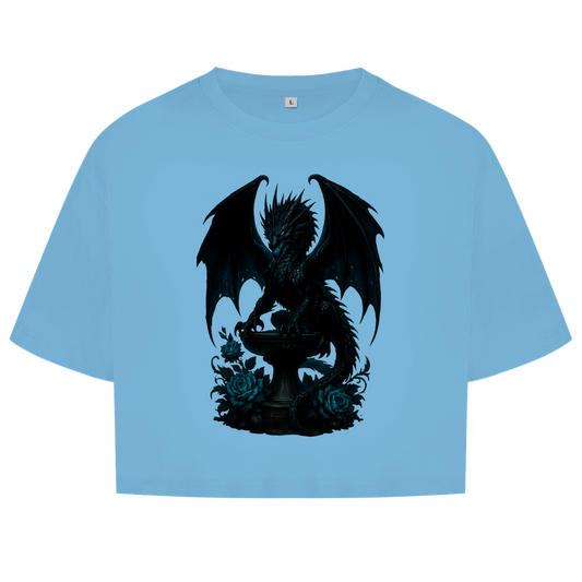 Damen Oversize Crop Top Drache schwarz böse auf Podest türkis gehalten