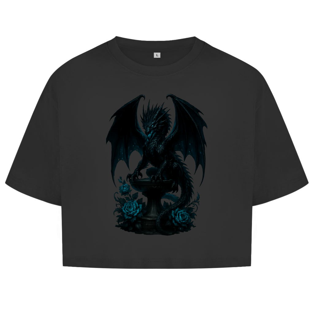Damen Oversize Crop Top Drache schwarz böse auf Podest türkis gehalten