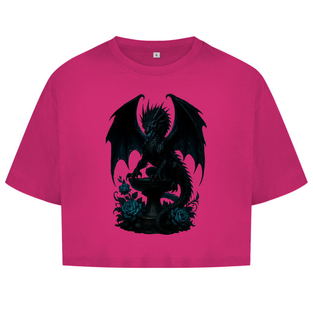 Damen Oversize Crop Top Drache schwarz böse auf Podest türkis gehalten