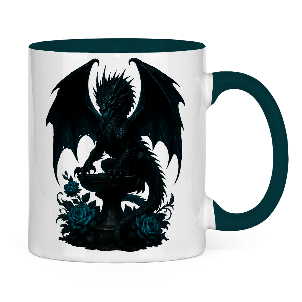 Tasse zweifarbig Drache schwarz böse auf Podest türkis gehalten