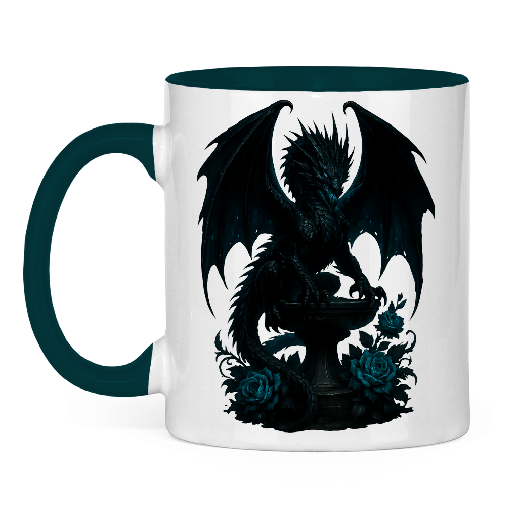 Tasse zweifarbig Drache schwarz böse auf Podest türkis gehalten
