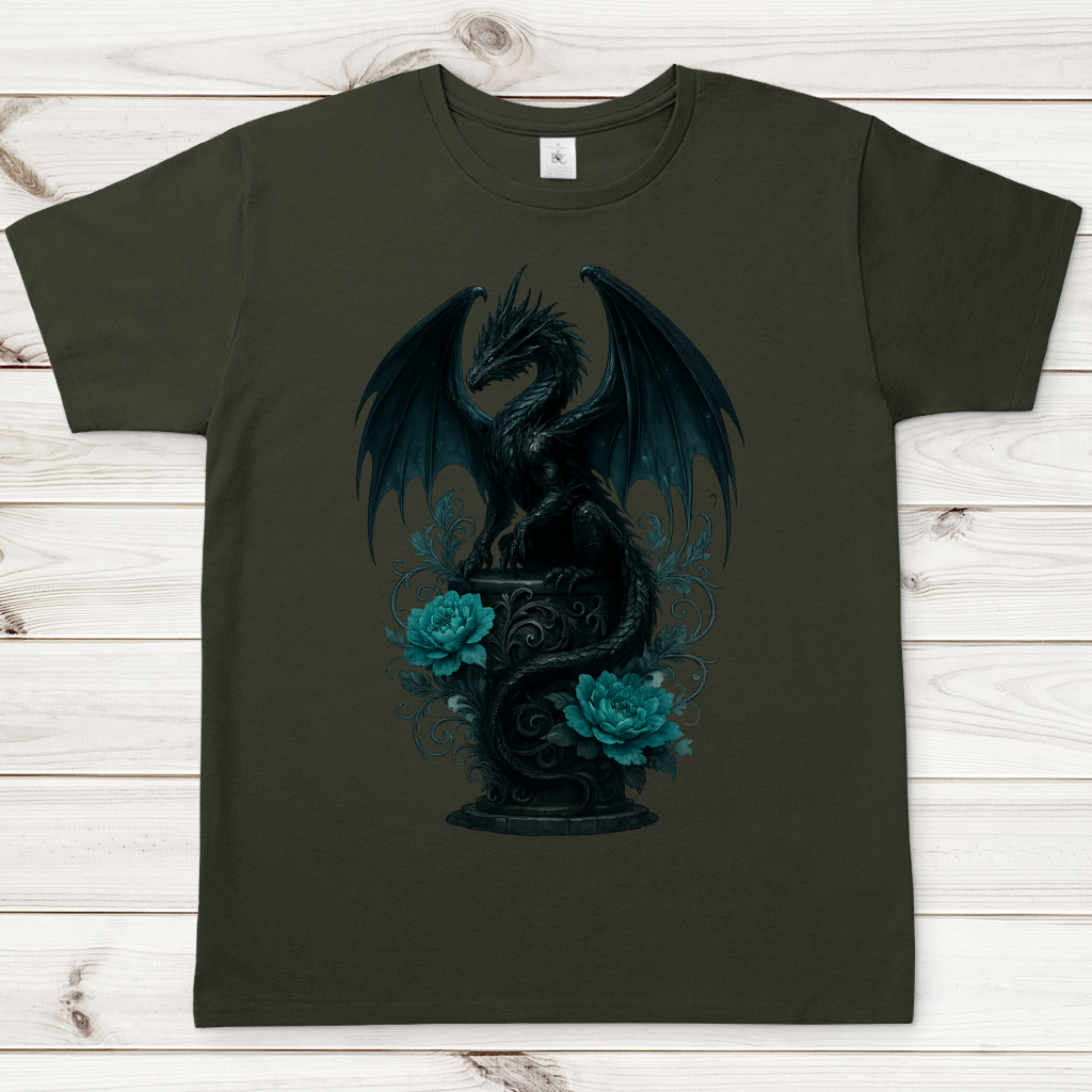 Herren T-Shirt Drache schwarz elegant auf Podest türkis gehalten
