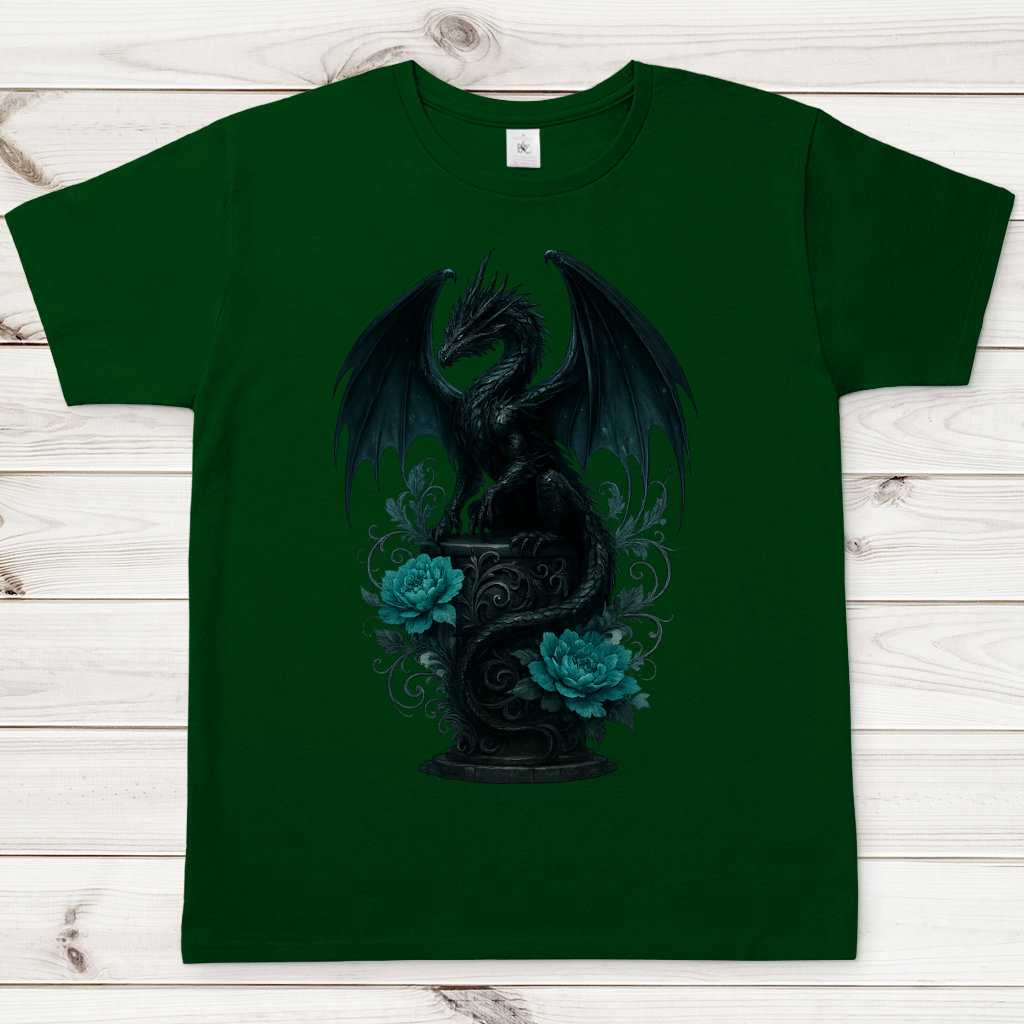 Herren T-Shirt Drache schwarz elegant auf Podest türkis gehalten