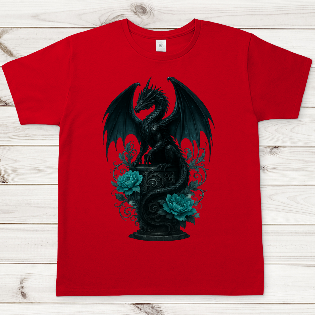 Herren T-Shirt Drache schwarz elegant auf Podest türkis gehalten