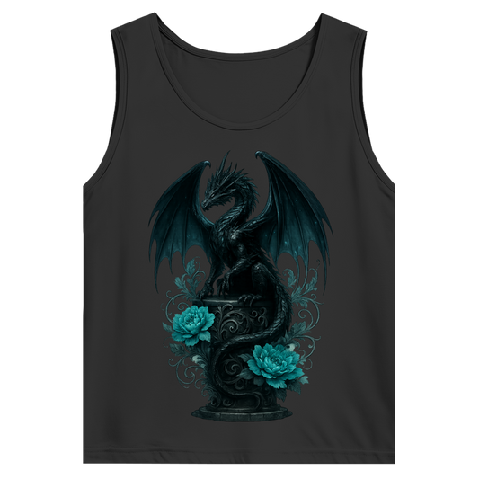 Herren Basic Tank Top Drache schwarz elegant auf Podest türkis gehalten