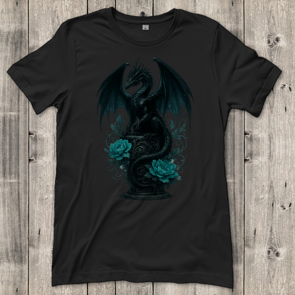 Damen T-Shirt Drache schwarz elegant auf Podest türkis gehalten