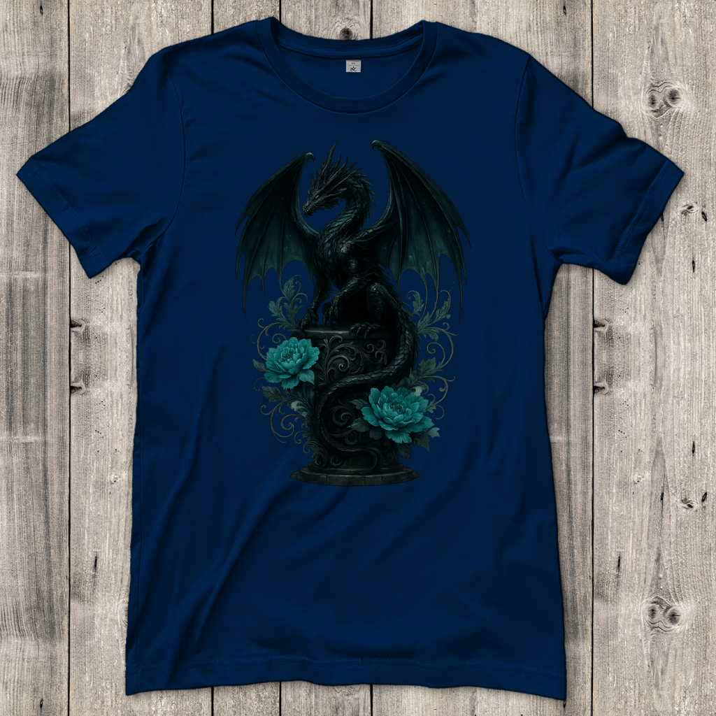 Damen T-Shirt Drache schwarz elegant auf Podest türkis gehalten