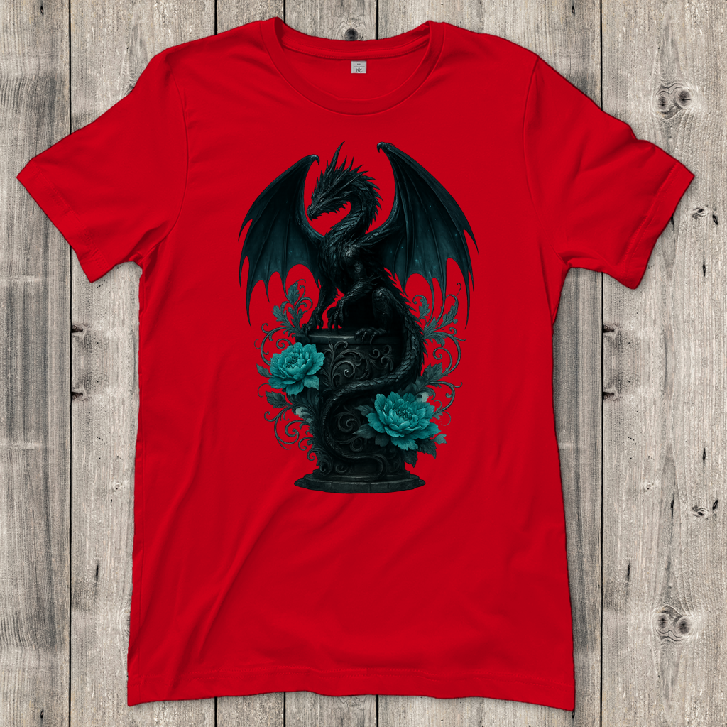 Damen T-Shirt Drache schwarz elegant auf Podest türkis gehalten