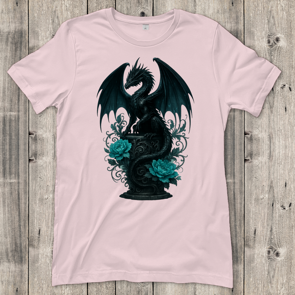 Damen T-Shirt Drache schwarz elegant auf Podest türkis gehalten