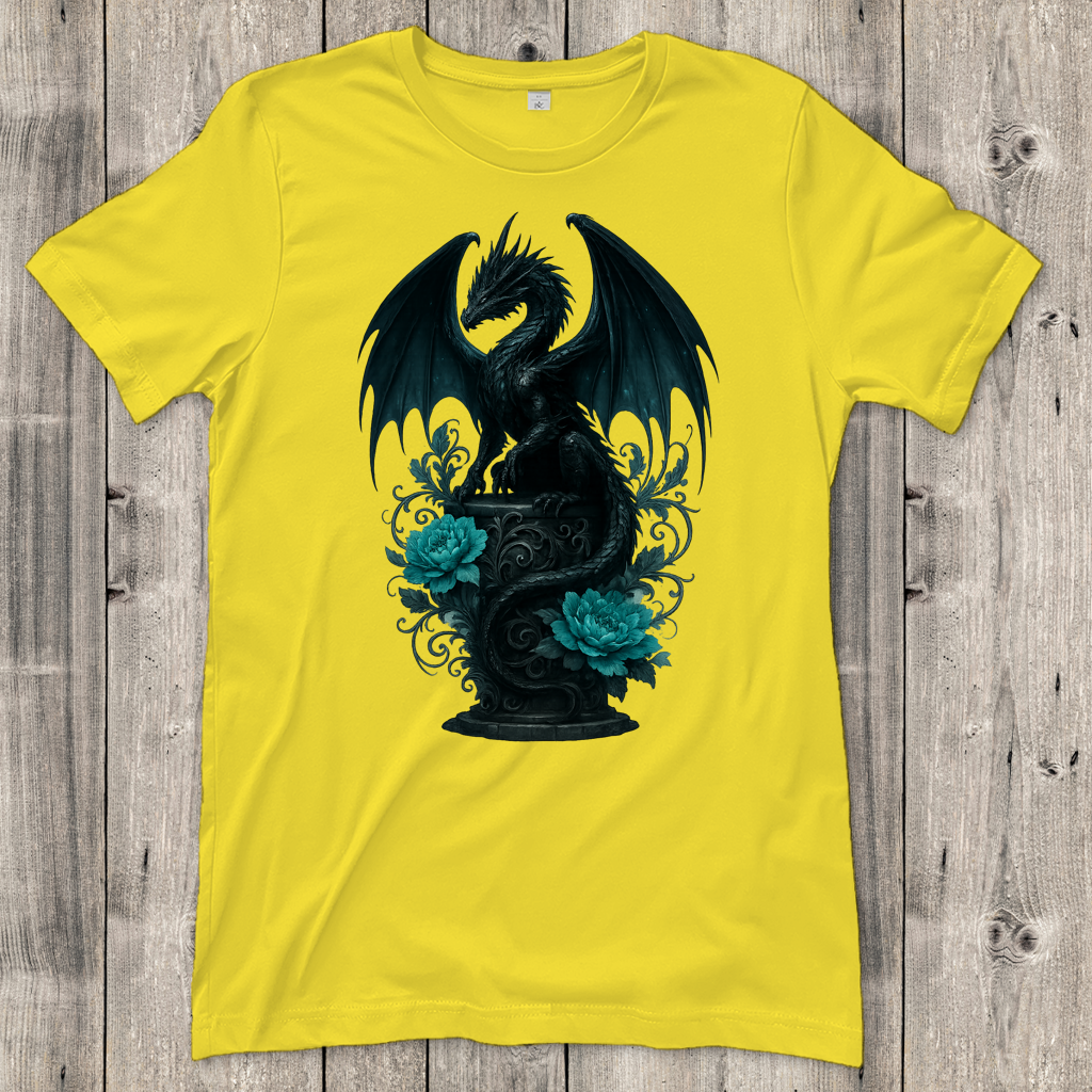 Damen T-Shirt Drache schwarz elegant auf Podest türkis gehalten