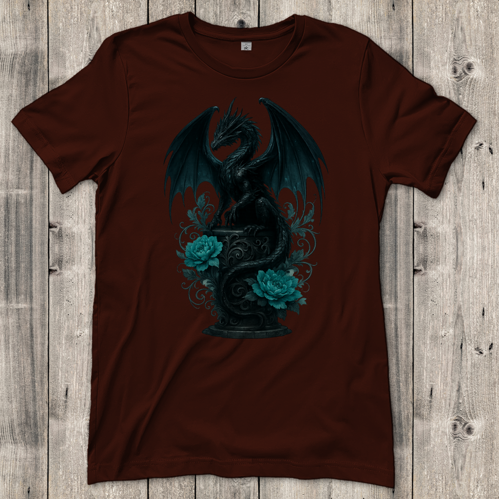 Damen T-Shirt Drache schwarz elegant auf Podest türkis gehalten