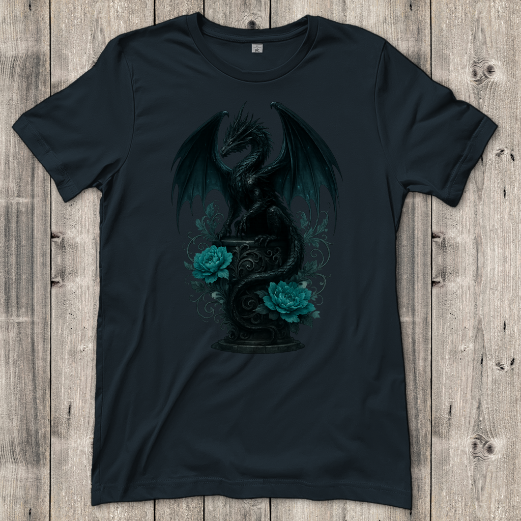 Damen T-Shirt Drache schwarz elegant auf Podest türkis gehalten