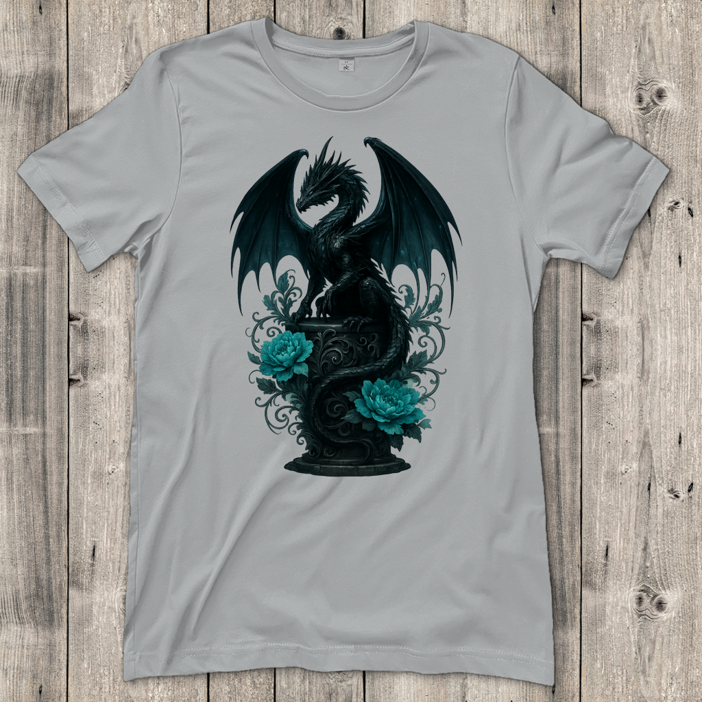 Damen T-Shirt Drache schwarz elegant auf Podest türkis gehalten