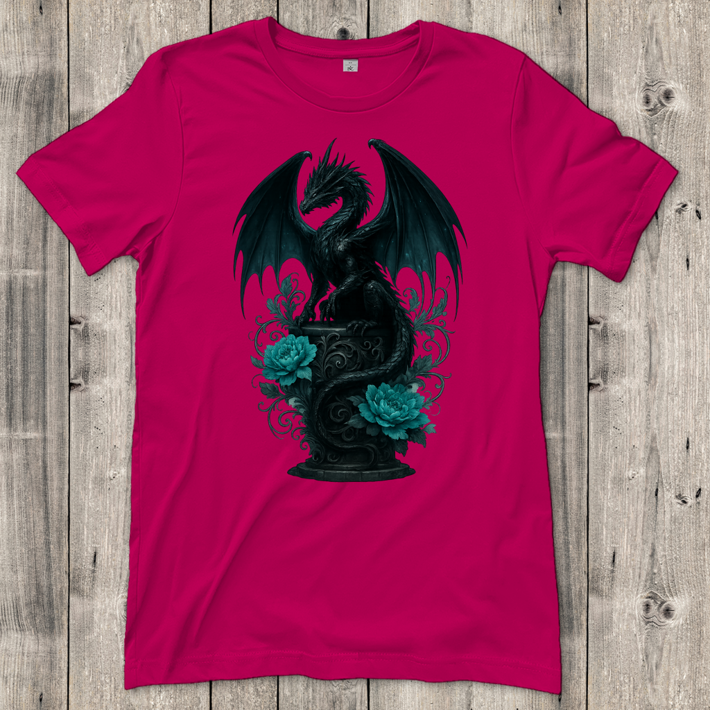 Damen T-Shirt Drache schwarz elegant auf Podest türkis gehalten