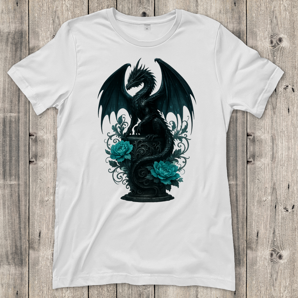 Damen T-Shirt Drache schwarz elegant auf Podest türkis gehalten