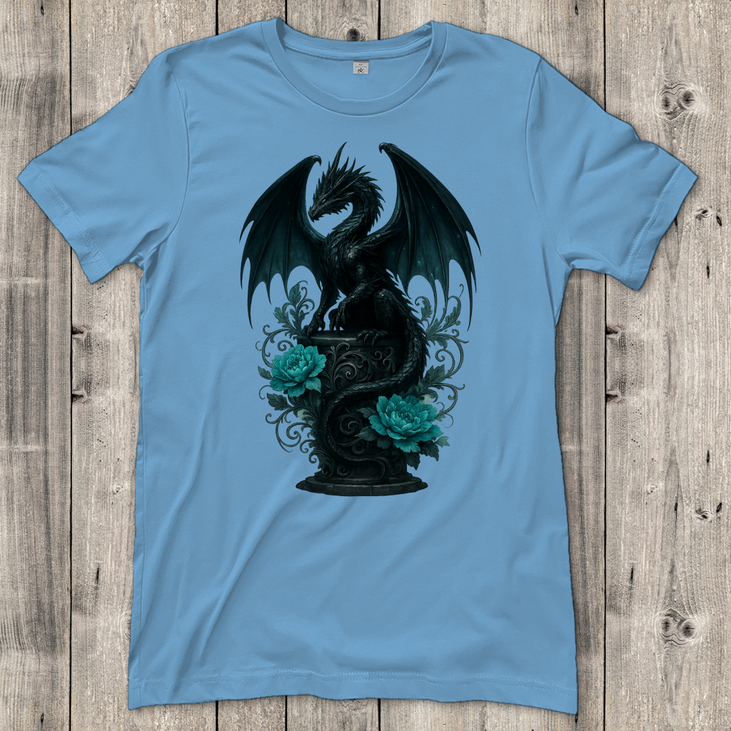 Damen T-Shirt Drache schwarz elegant auf Podest türkis gehalten