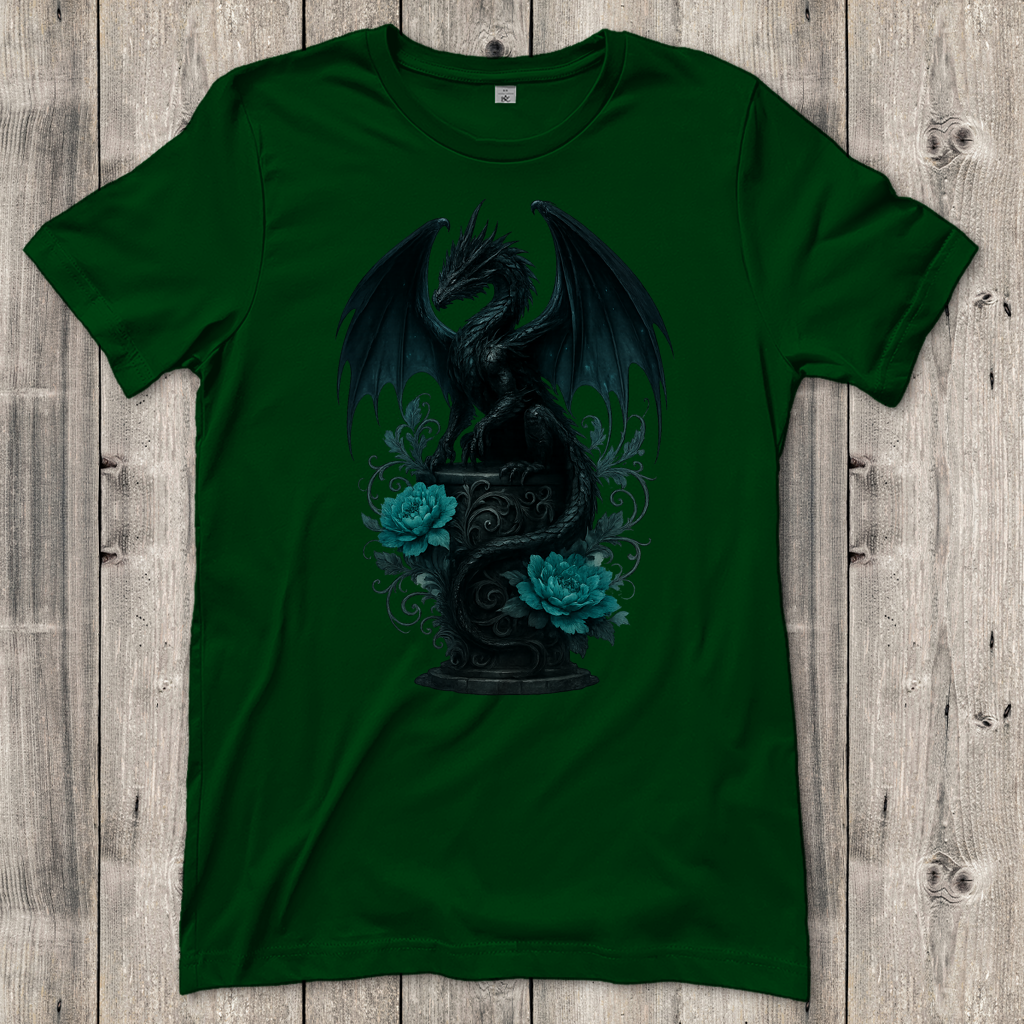 Damen T-Shirt Drache schwarz elegant auf Podest türkis gehalten