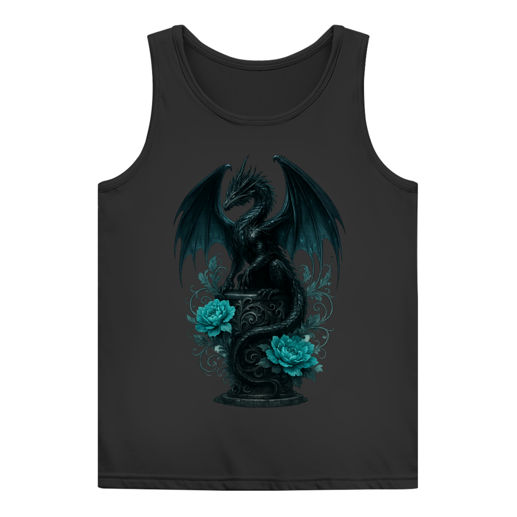 Damen Basic Tank Top Drache schwarz elegant auf Podest türkis gehalten