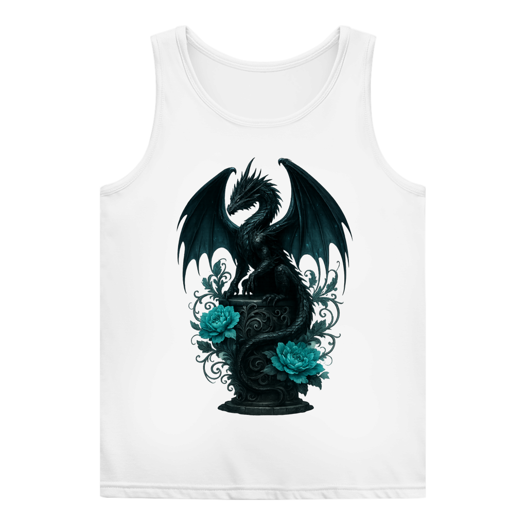 Damen Basic Tank Top Drache schwarz elegant auf Podest türkis gehalten