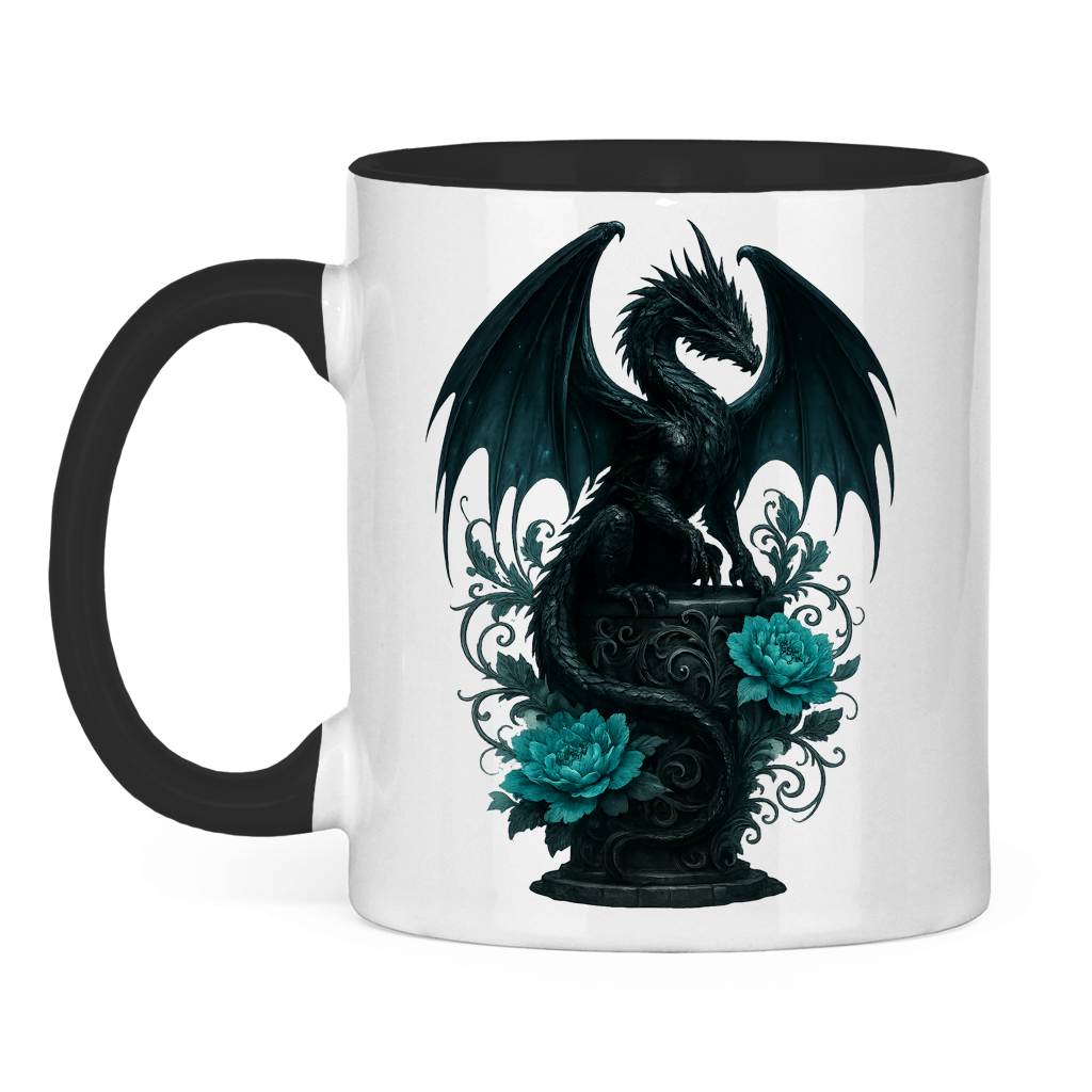 Tasse zweifarbig Drache schwarz elegant auf Podest türkis gehalten