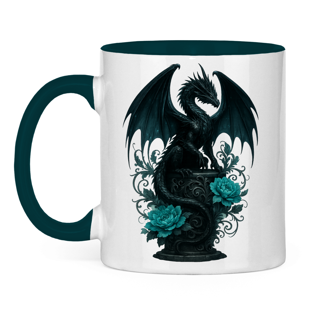Tasse zweifarbig Drache schwarz elegant auf Podest türkis gehalten