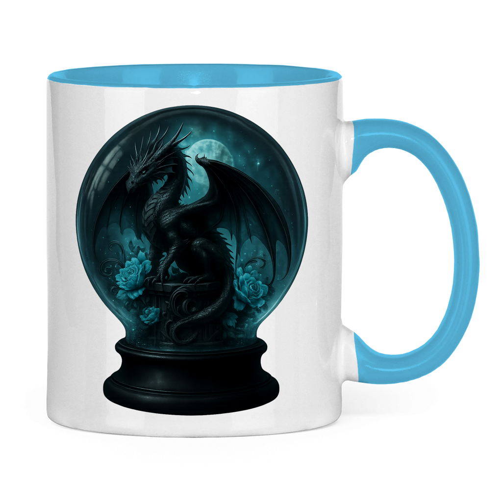 Tasse zweifarbig Drache in Kugel türkis gehalten