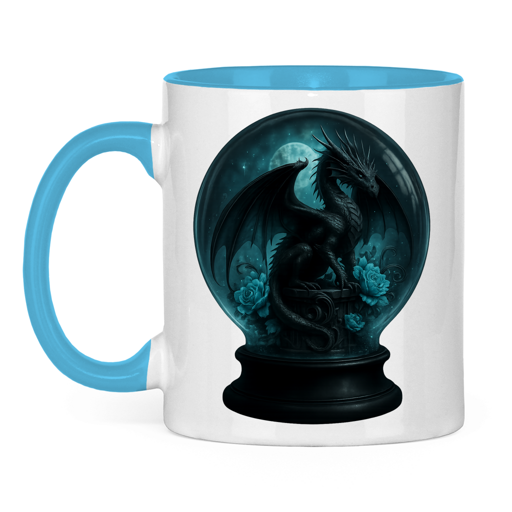Tasse zweifarbig Drache in Kugel türkis gehalten